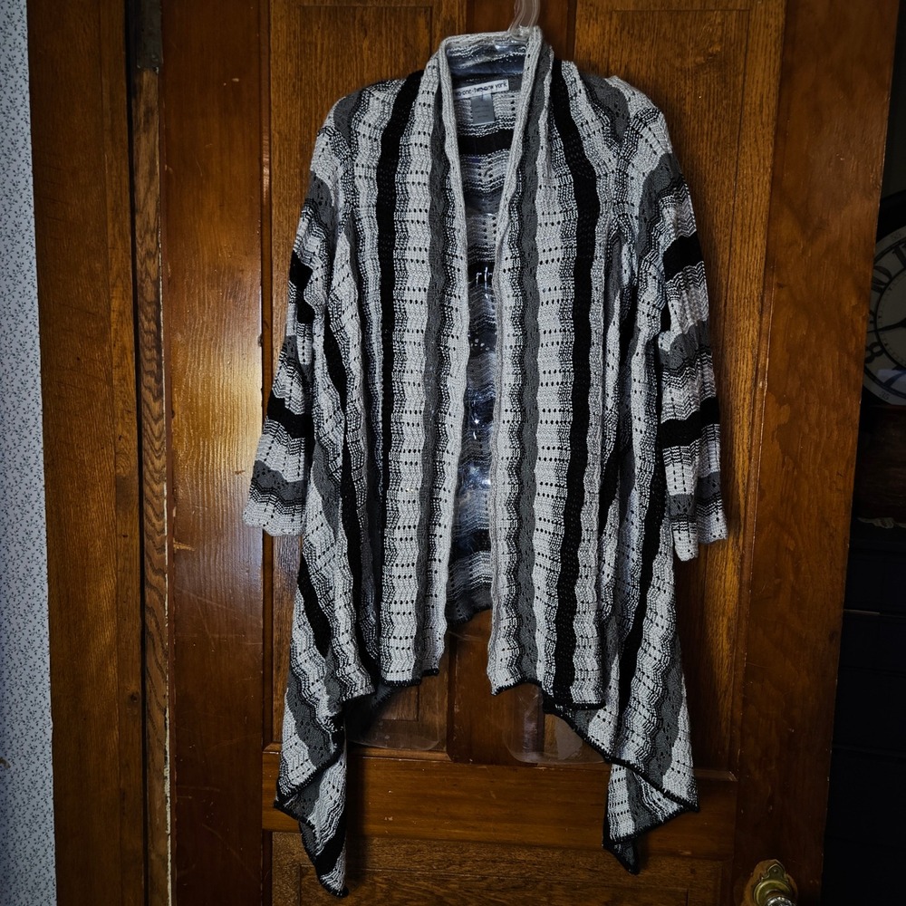 Two-One-Two New York Cardigan Womens Large Black White Striped Pointelle Knit